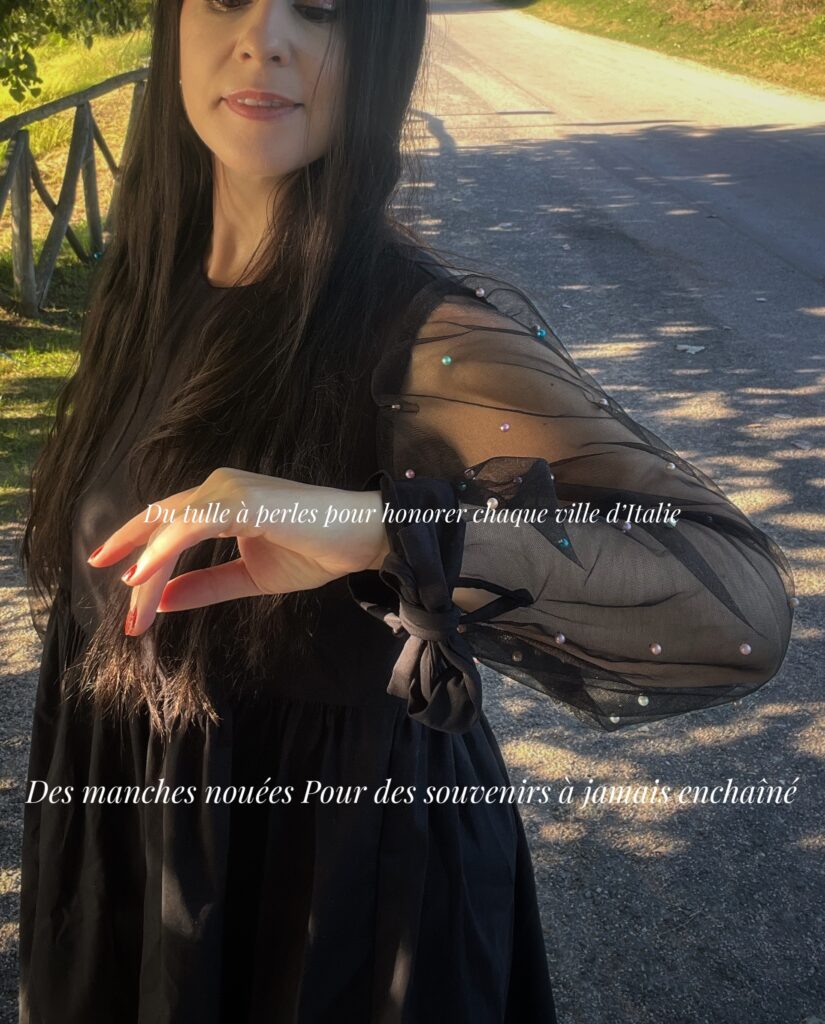 zoom sur les manches en tulle et poignets noués